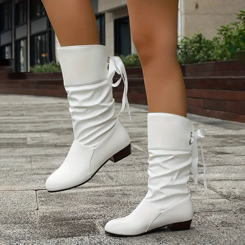 Levoire | Bottes à Lacets Femme Tendance à Talons Épais Mi-Mollet