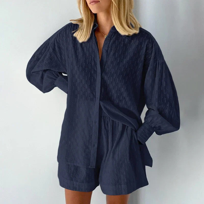 Levoire | Chemise À Boutons Et Shorts Pour Femmes Bleu