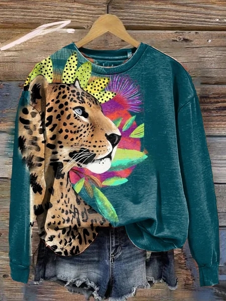 Levoire | Sweat À Manches Longues Avec Imprime Leopard Et Floral, Moderne Et Audacieux Vert