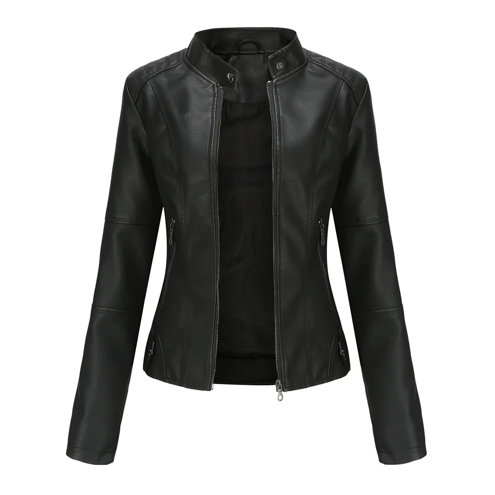 Levoire | Courte Veste Biker En Simili Cuir Élégante Pour Femmes Avec Col Court Noir