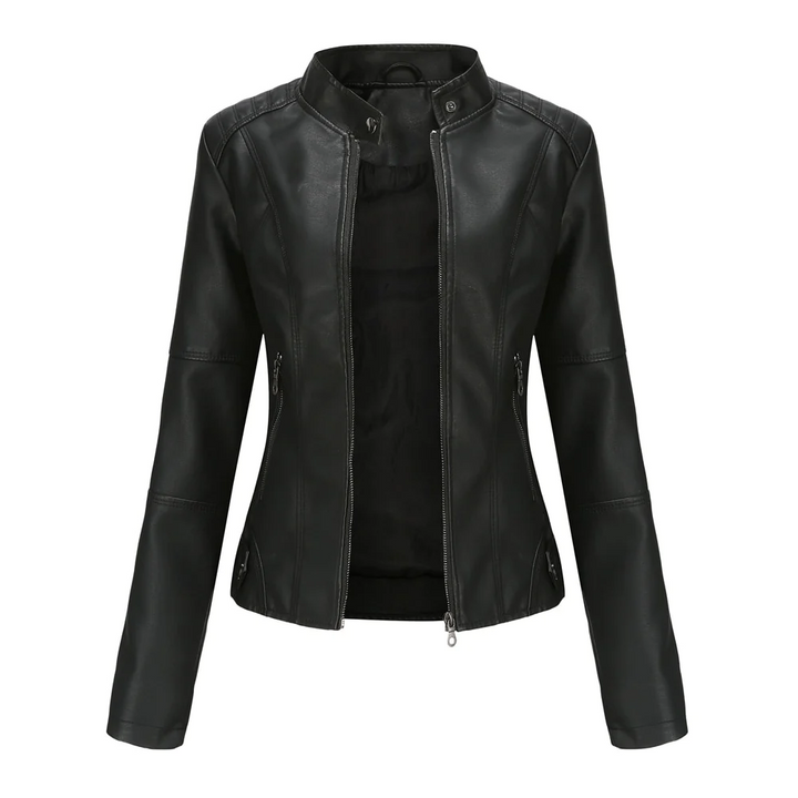 Levoire | Courte Veste Biker En Simili Cuir Élégante Pour Femmes Avec Col Court Noir