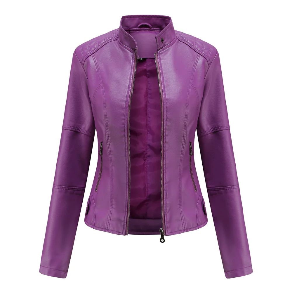 Levoire | Courte Veste Biker En Simili Cuir Élégante Pour Femmes Avec Col Court Violet