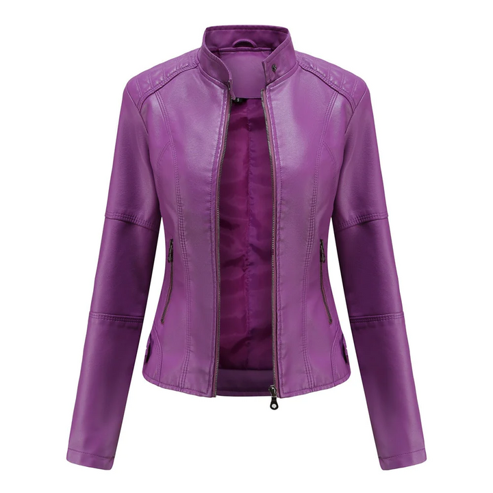 Levoire | Courte Veste Biker En Simili Cuir Élégante Pour Femmes Avec Col Court Violet