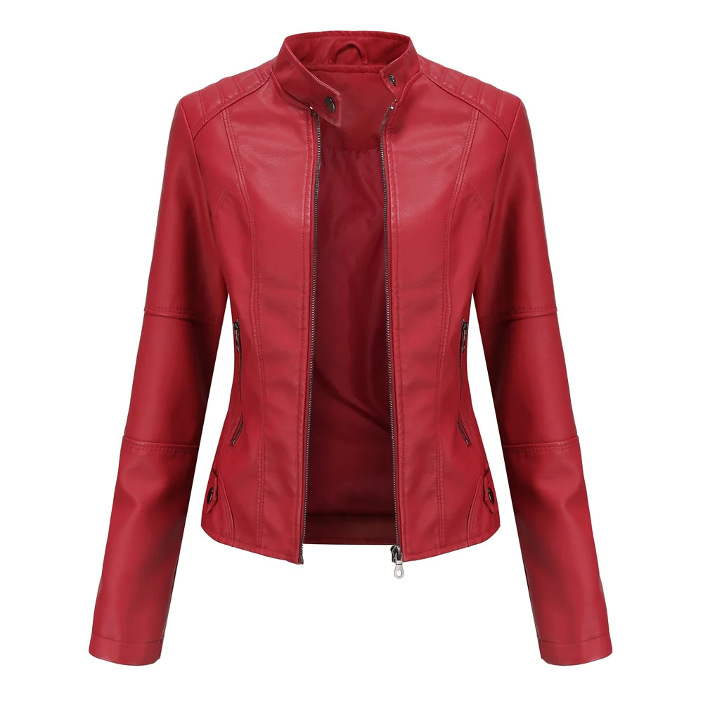 Levoire | Courte Veste Biker En Simili Cuir Élégante Pour Femmes Avec Col Court Rot