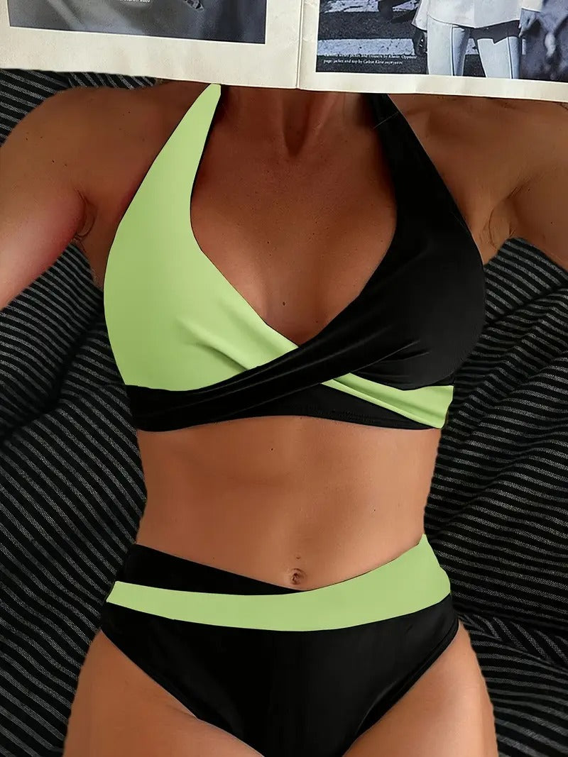 Levoire | Bikini Halter Colorblock Set Pour Femmes Vert armée