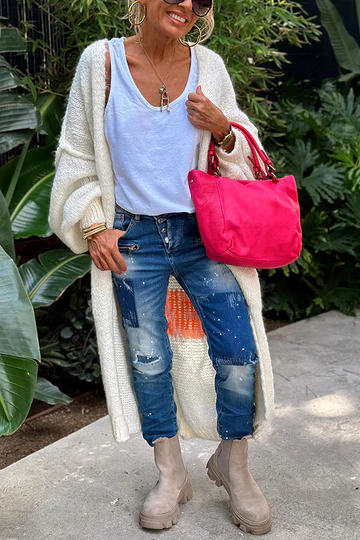 Levoire | Veste Midi Tricot Avec Imprimé Au Dos Et Poche Confort Et Style Blanc