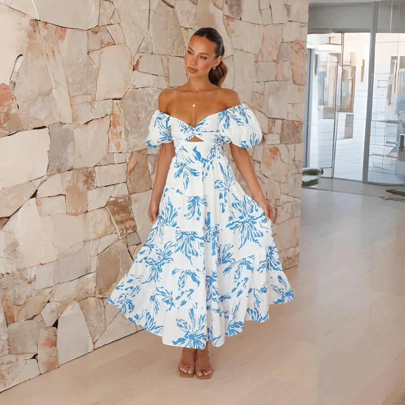 Levoire | Robe longue fleurs décolleté Bleu blanc