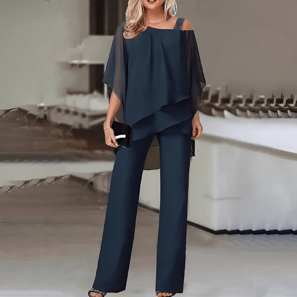 Levoire | Haut À Épaules Dénudées Superposées & Ensemble Pantalon Pour Femmes Bleu marine