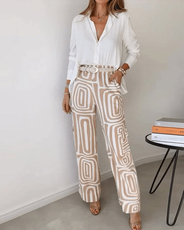Levoire | Chemise Et Pantalon Assortis Élégants À Motifs Géométriques Pour Femmes Beige