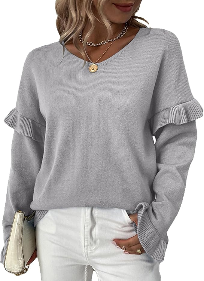 Levoire | Pull Femme Avec Décolleté En V Et Manches En Forme De Fleurs Gris