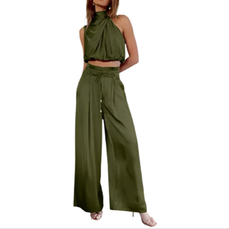 Levoire | Combinaison D'Été En Satin Avec Ceinture À Nouer Pour Femmes Olive