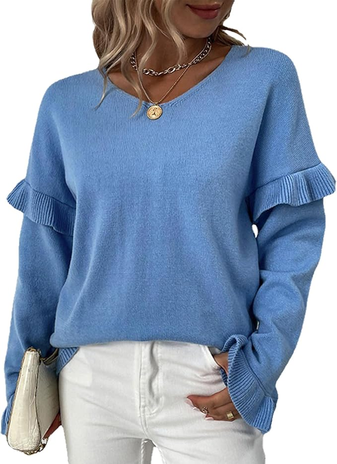 Levoire | Pull Femme Avec Décolleté En V Et Manches En Forme De Fleurs Bleu