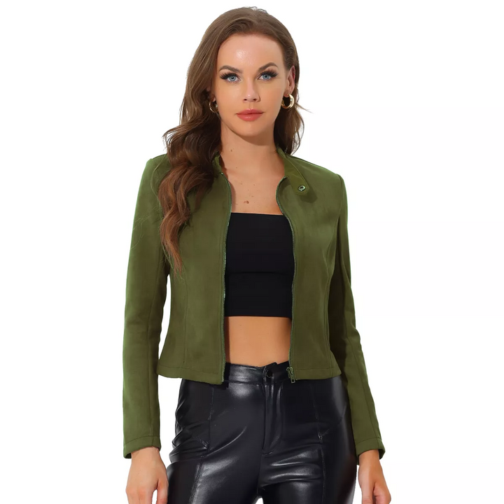 Levoire | Veste De Motard Courte Élégante Avec Aspect Daim Pour Femmes Vert olive