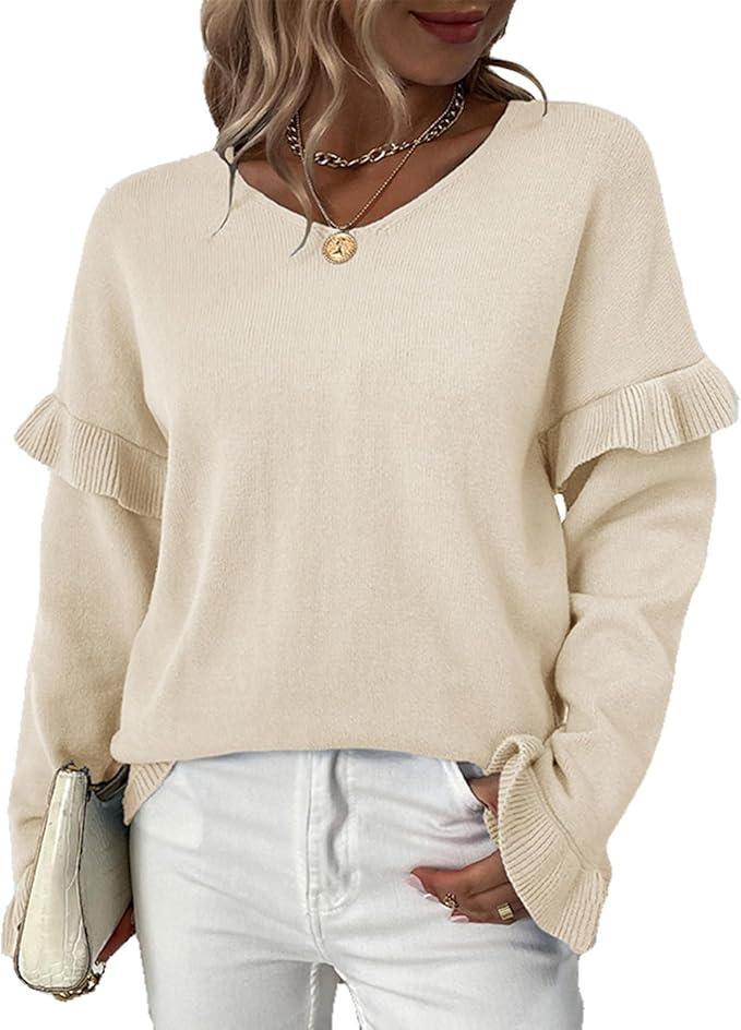 Levoire | Pull Femme Avec Décolleté En V Et Manches En Forme De Fleurs Abricot