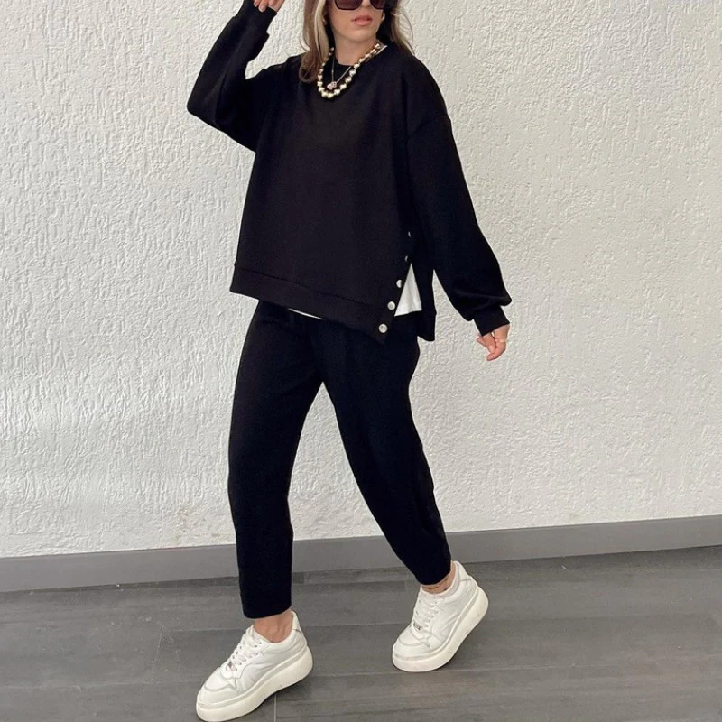 Levoire | Ensemble Femme Deux Pièces Blazer Avec Boutons Et Design Fente & Pantalon Élégant Noir