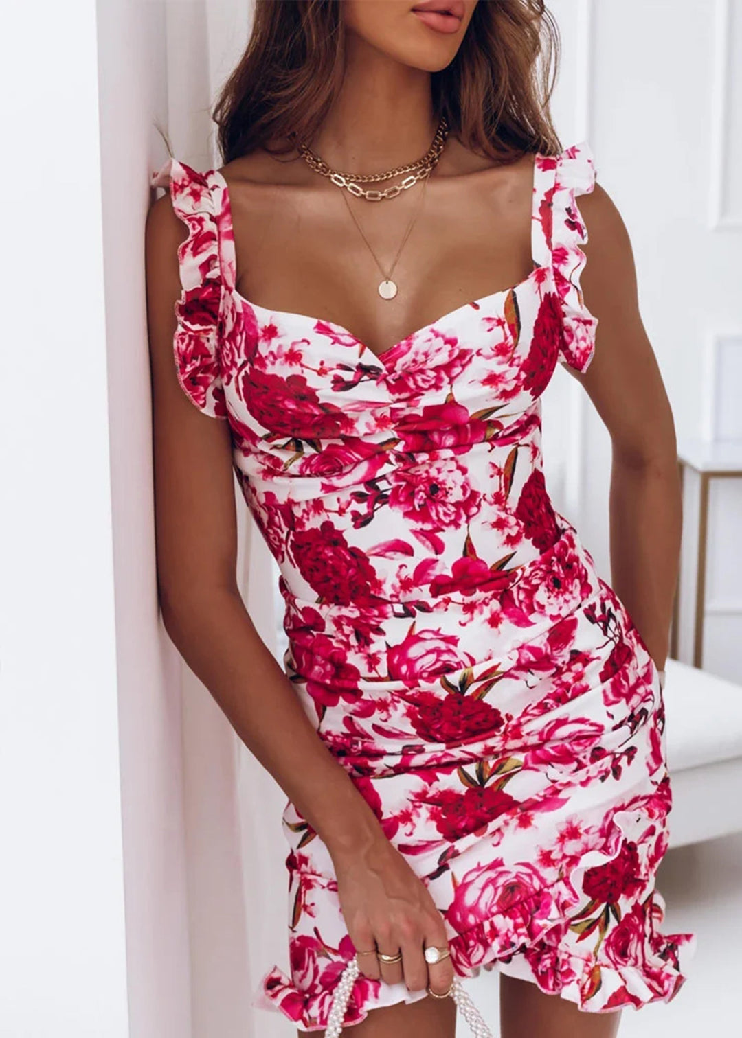 Levoire | Robe Mini Fleurs Sans Manches Et Col En V Femmes Rose