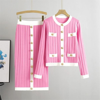 Levoire | Pull À Manches Longues Avec Jupe En Tricot Boutons Dorés Ensemble Dépareillé Rosa