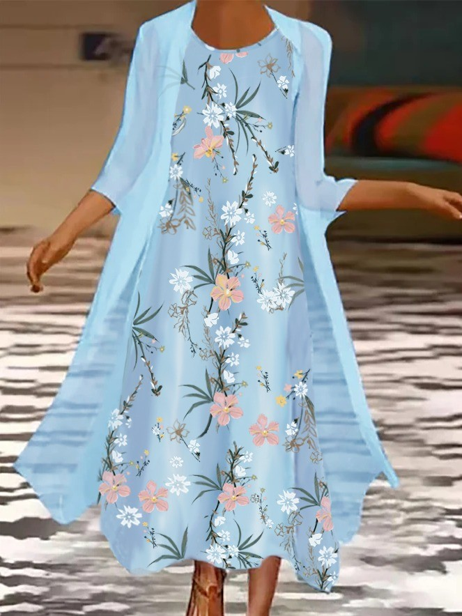 Levoire | Robe longue décontractée deux pièces à encolure ronde et imprimé floral en bleu ciel Bleu ciel