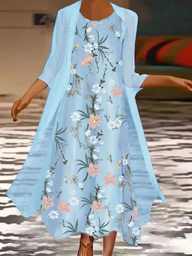 Levoire | Robe longue décontractée deux pièces à encolure ronde et imprimé floral en bleu ciel