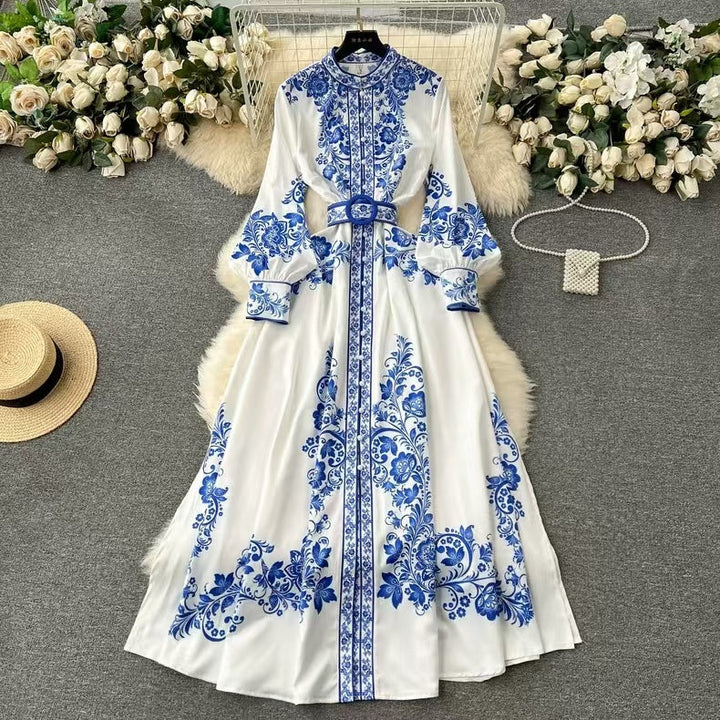 Levoire | Robe Midi À Manches Froncées Tailleur À La Taille Style Décontracté Et Élégant Pour Toutes Les Saisons Bleu