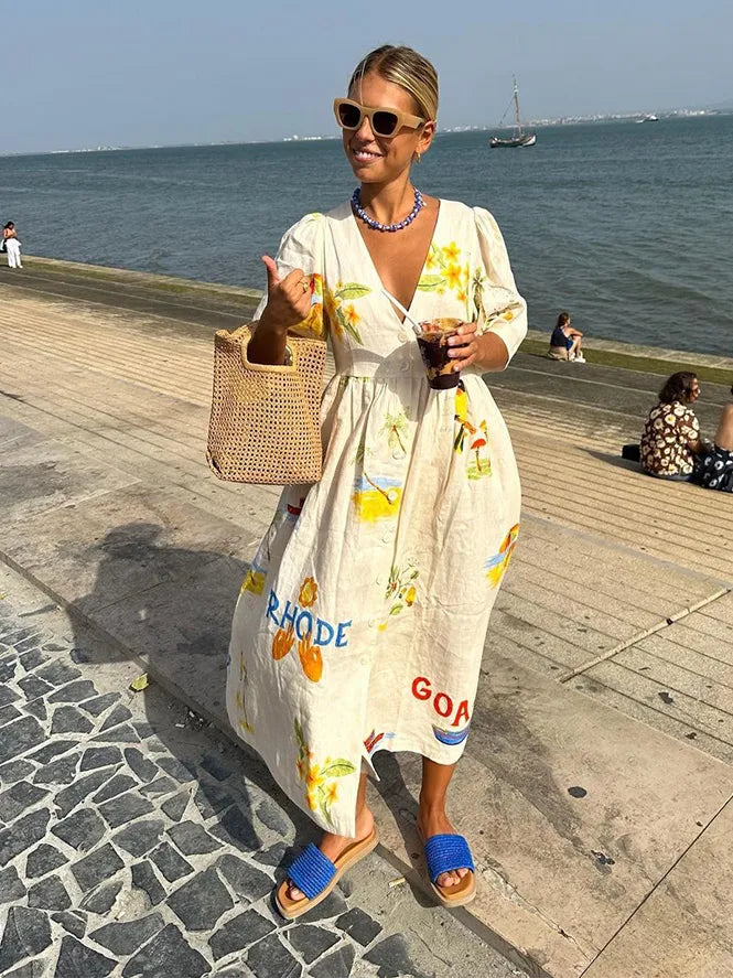 Levoire | Robe D'été pour Demme Avec Motif - Beige Beige