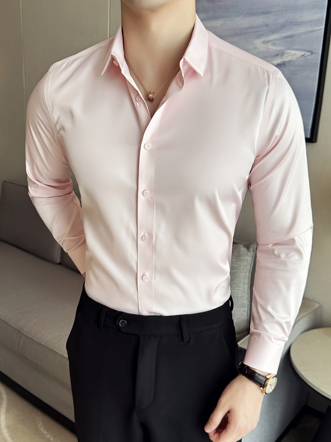 Levoire | Classique Uni Manches Longues Chemise Couleur rose