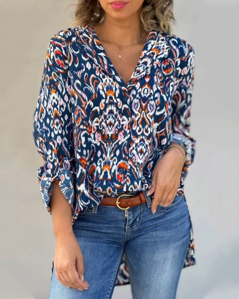 Levoire | Blouse Avec Un Décolleté En V Et Des Manches Longues Fleuries Bleu