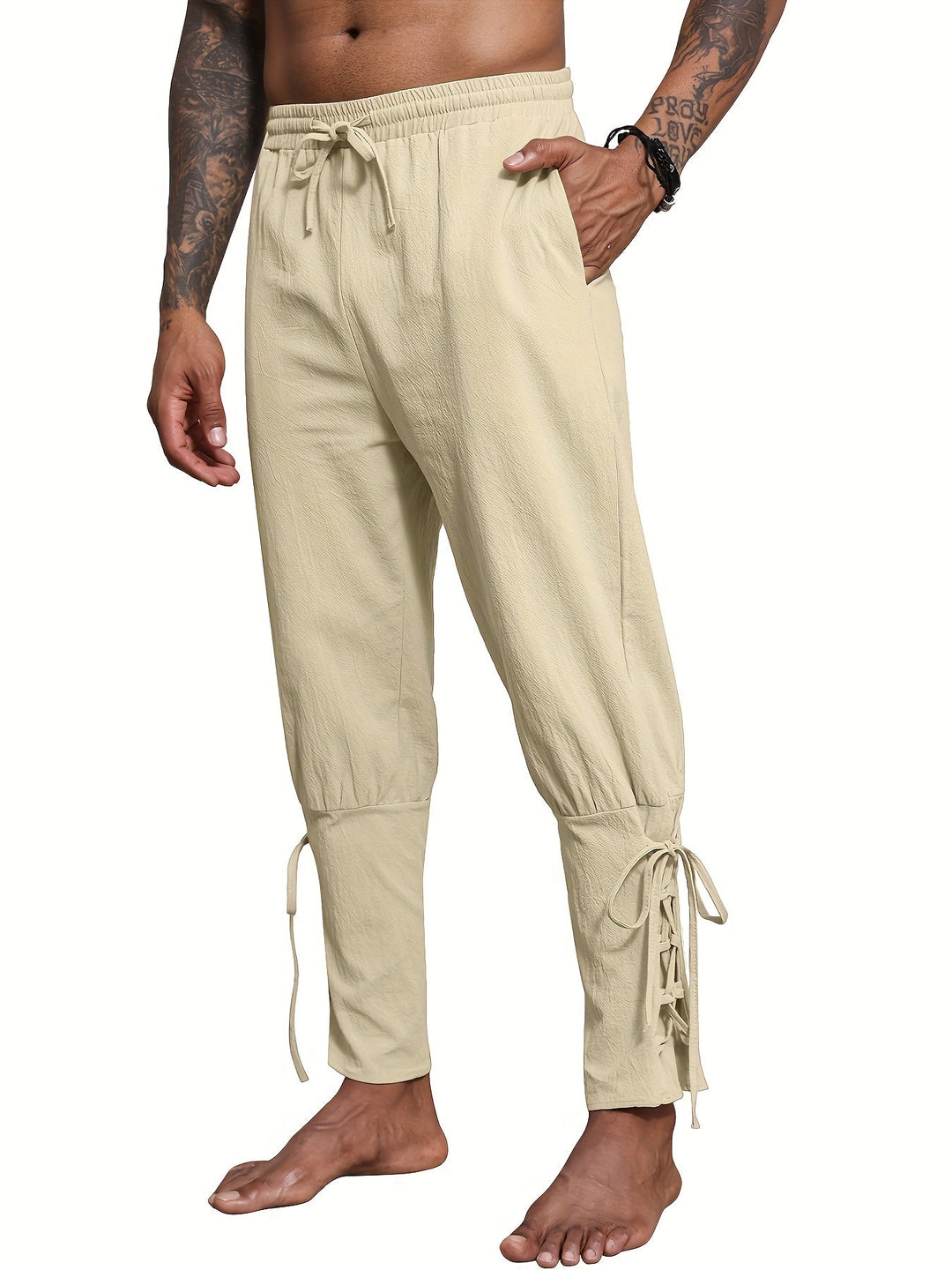 Levoire | Homme Coton Lin Mélange Bande De Publication Et Pantalon Harem