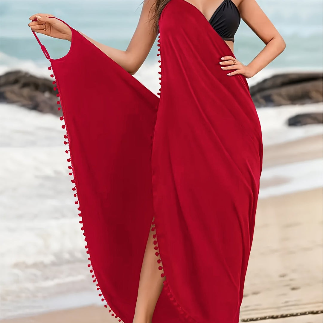 Levoire | Robe De Plage Maxi Unicolore Avec Des Décorations Pom Pom Et Décolleté En V