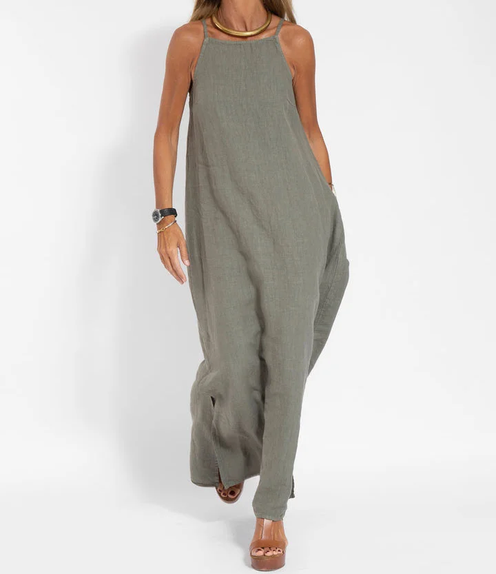 Levoire | Élégante Robe Longue Sans Manches en Coton et lin de Couleur Unie Vert
