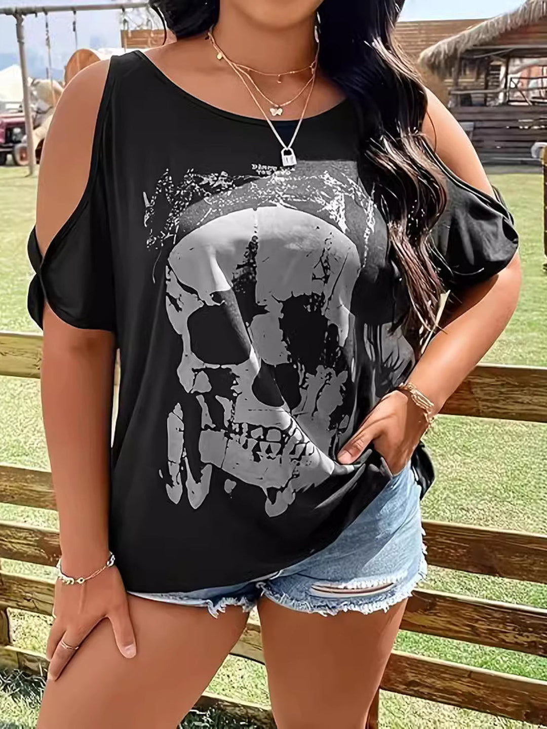 Levoire | Grande Taille Lurekantsmønster Col Rond Épaules Nues T-shirt