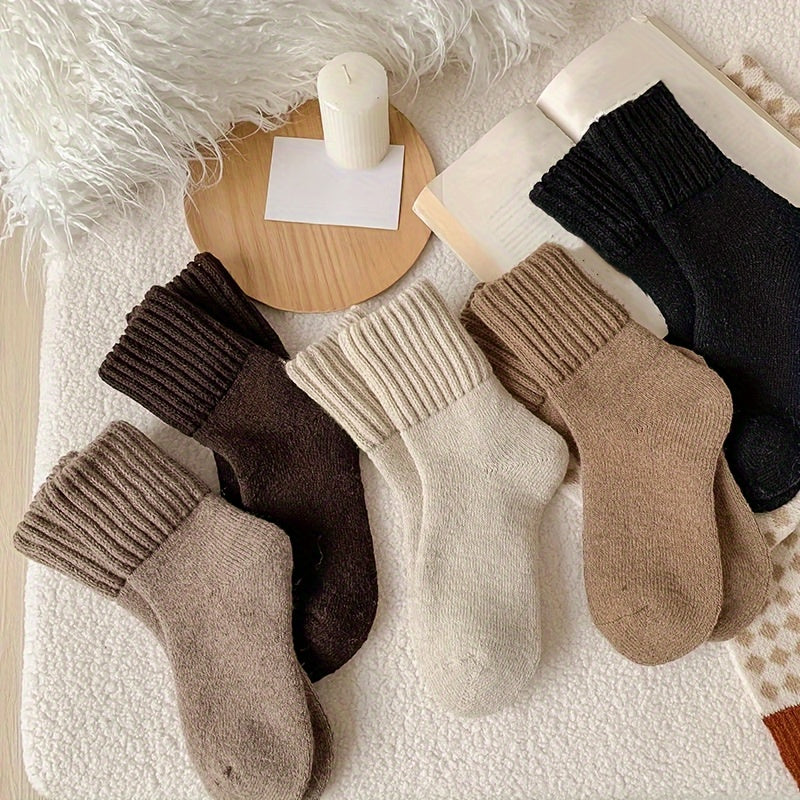 Levoire | Paire De Chaussettes Simples, Unies, Épaisses, Chaussettes Mi-Mollet Unisexes Confortables Et Douces, Bas Et Articles De Bas Pour Femmes 5 Paires (Café au lait + café noir + beige + camel + noir) Taille unique