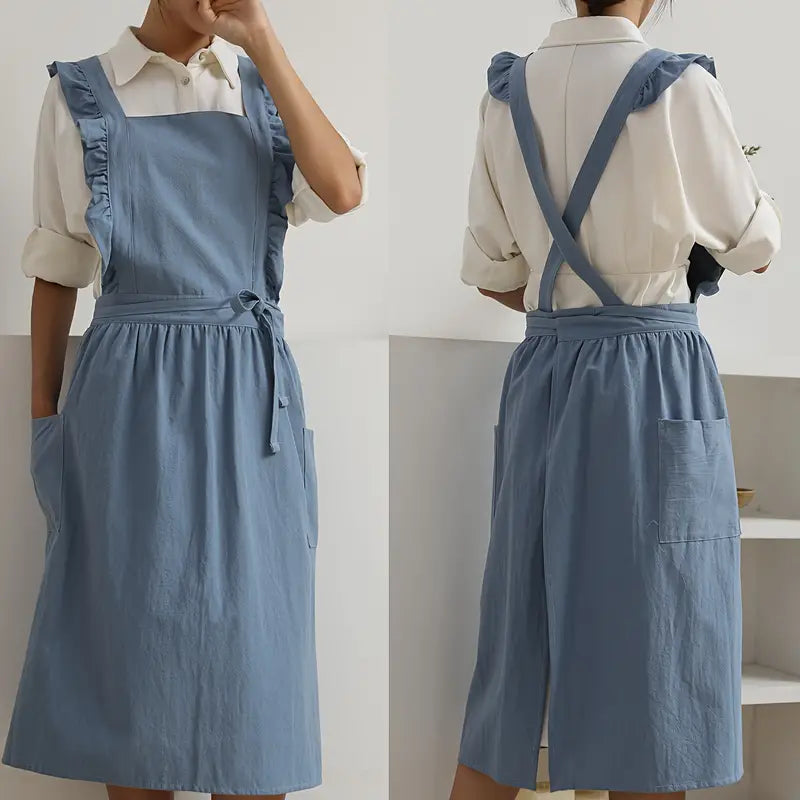 Levoire | Tablier Confortable Avec Volants Et Poches Latérales Bleu Une taille