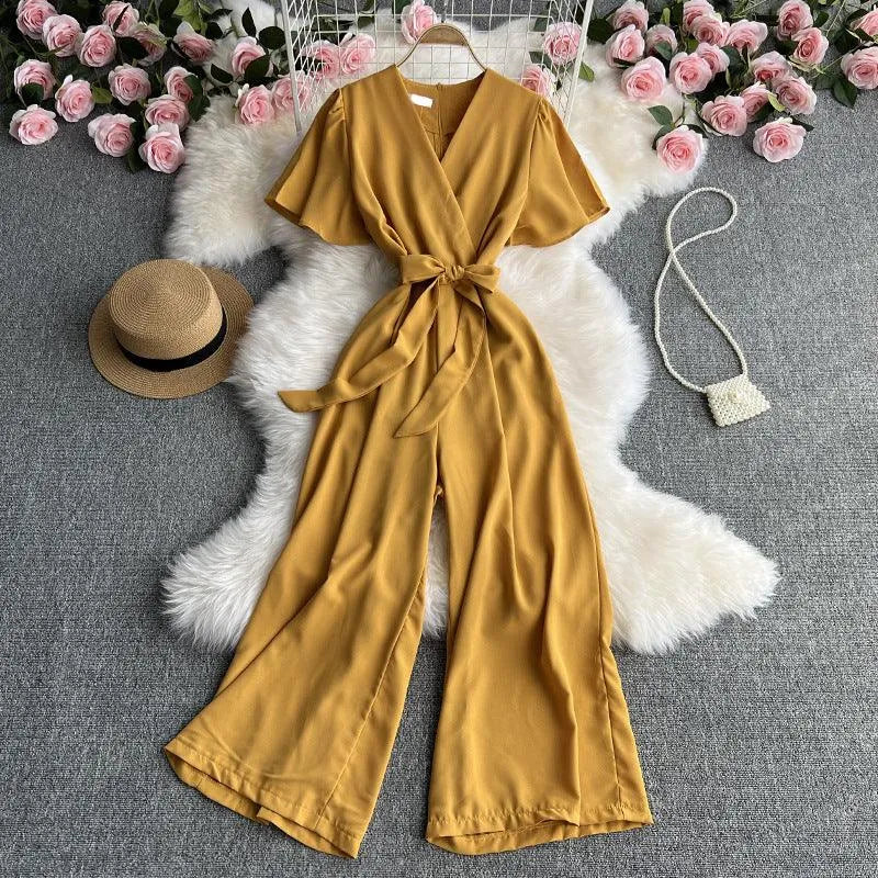 Levoire | Retro Temperament Combinaison à Manches Courtes Col en V Jaune Une taille