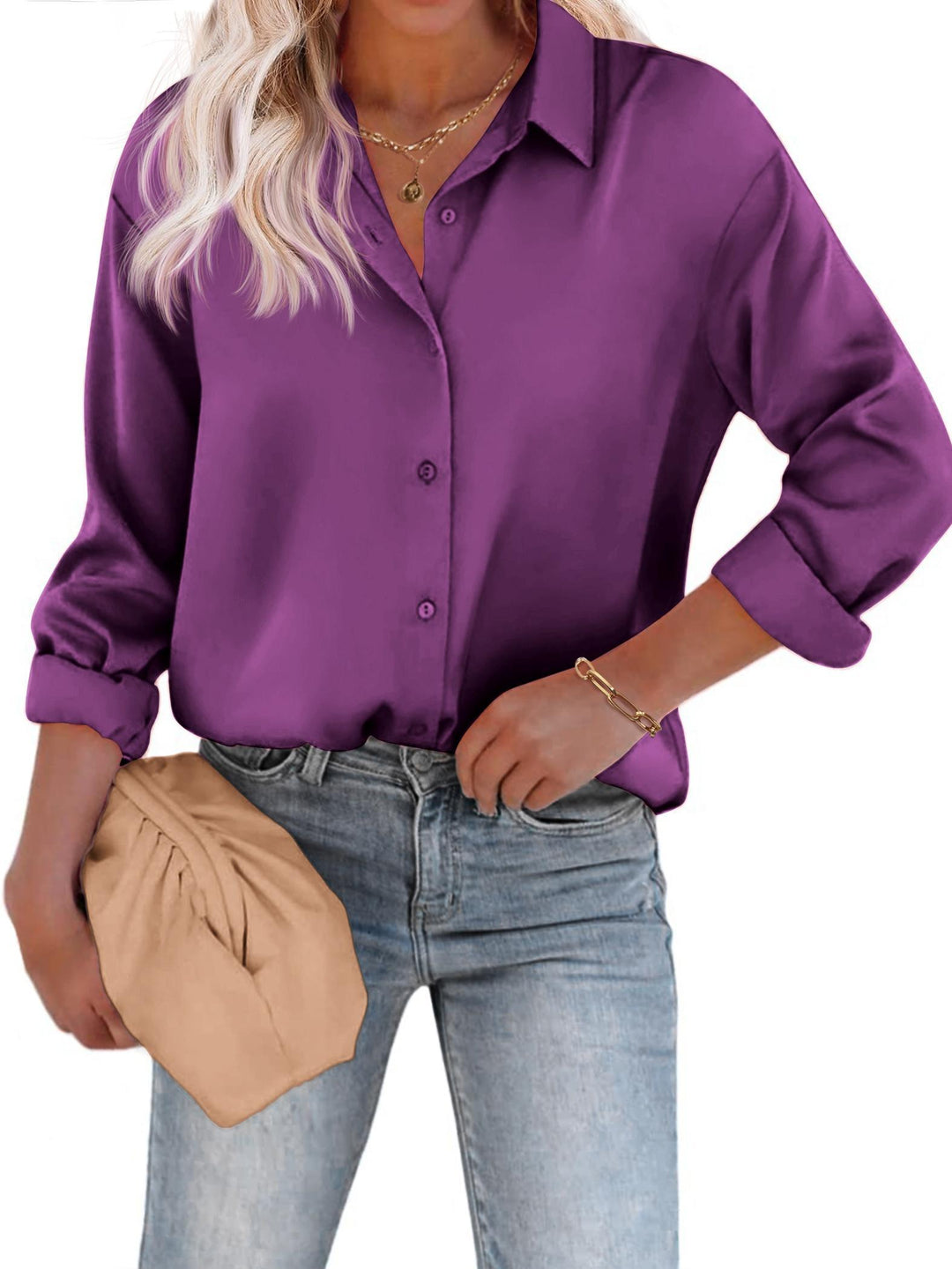 Levoire | Top Satin Décontracté Avec Bouton Et Manches Longues Lilas