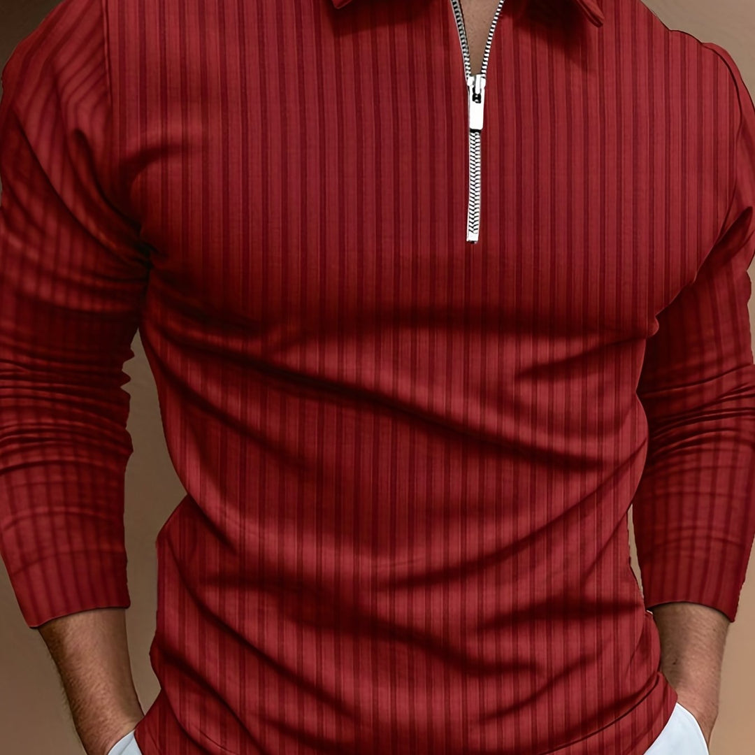 Levoire | Rayures Verticales Chemise Pour Hommes Avec Zip Et Manches Longues Rose rouge
