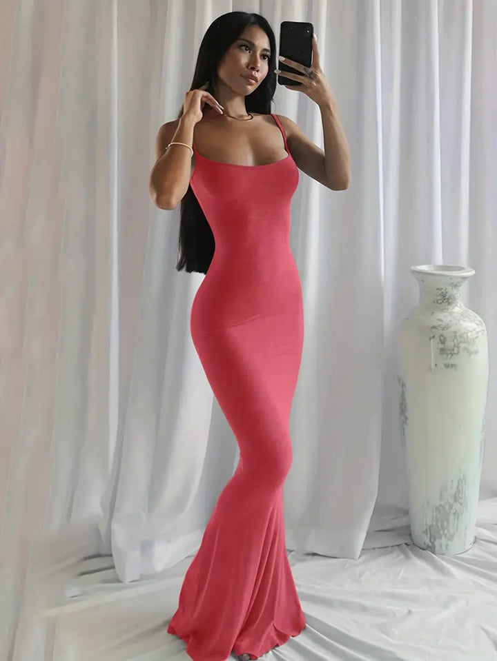 Levoire | Robe Maxi Unie À Bretelles Spaghetti Rose pastèque