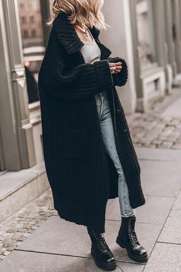 Levoire | Épaissse Gilet Tricoté Long Avec Fermeture À Boutons Et Poches Grande Taille Modèle Noir