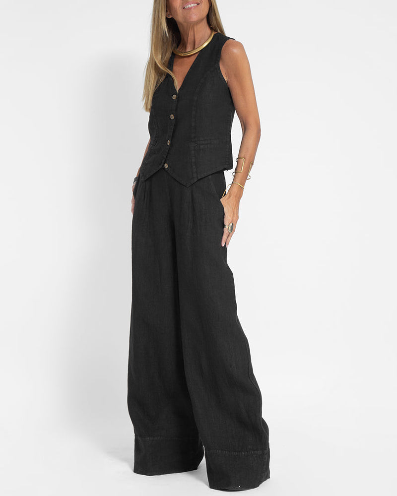 Levoire | Ensemble Élégant De Gilet En Lin Et Pantalon Large Noir