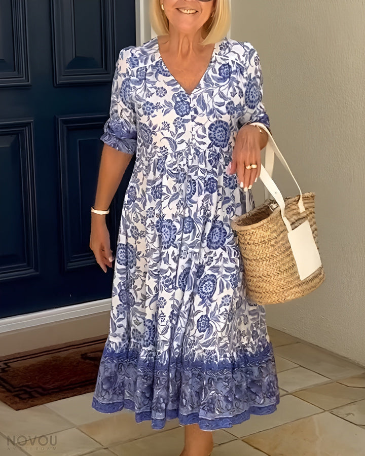 Levoire | Robe Fleurie Élégante À Décolleté En V Bleu