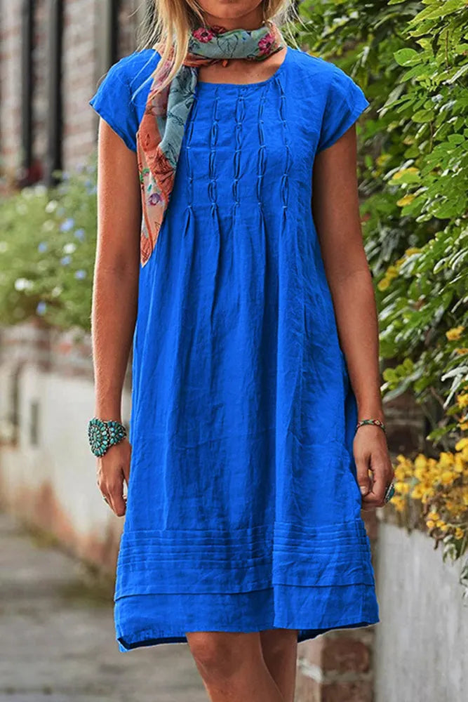 Levoire | Robe décontractée à manches courtes et col en U en patchwork uni Bleu