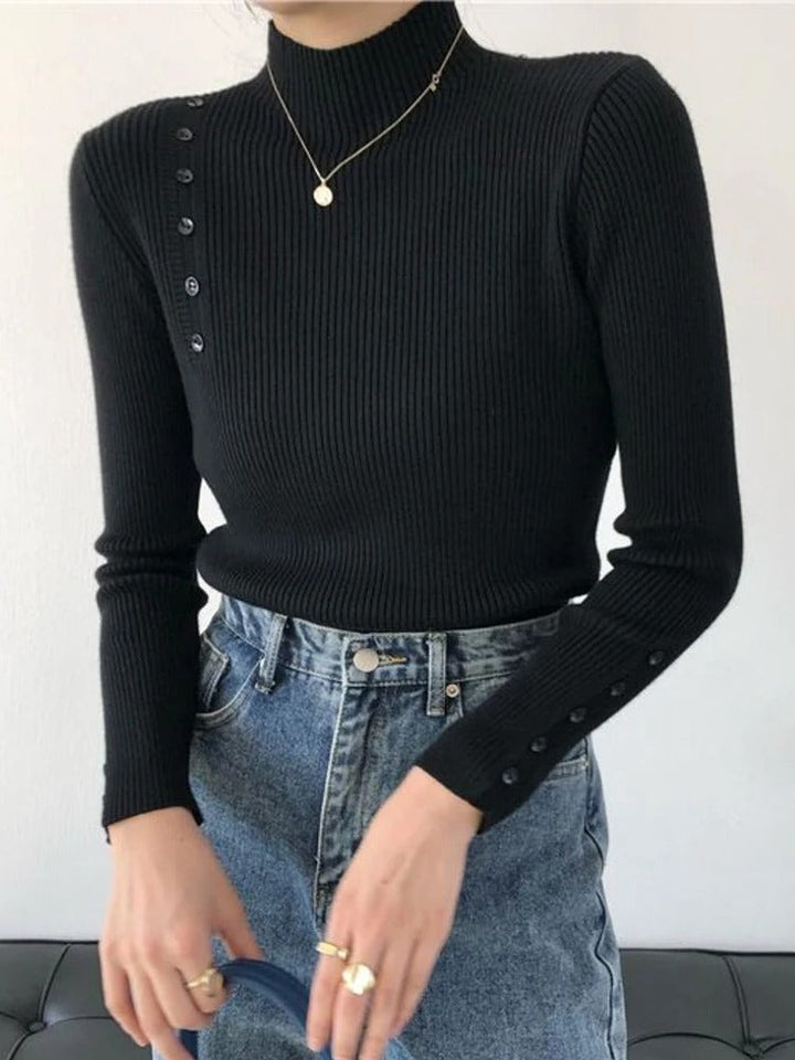 Levoire | Pull Élégant Avec Boutons Décoratifs Et Col Montant Noir Une taille