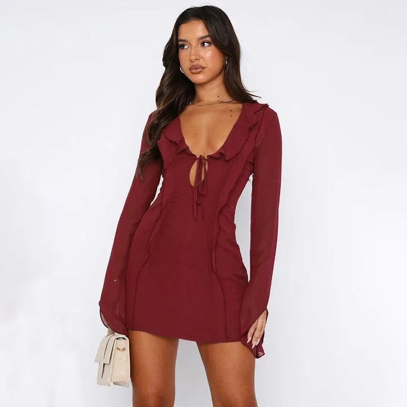 Levoire | Robe portefeuille à manches longues avec volants et coupe slim Rouge vin