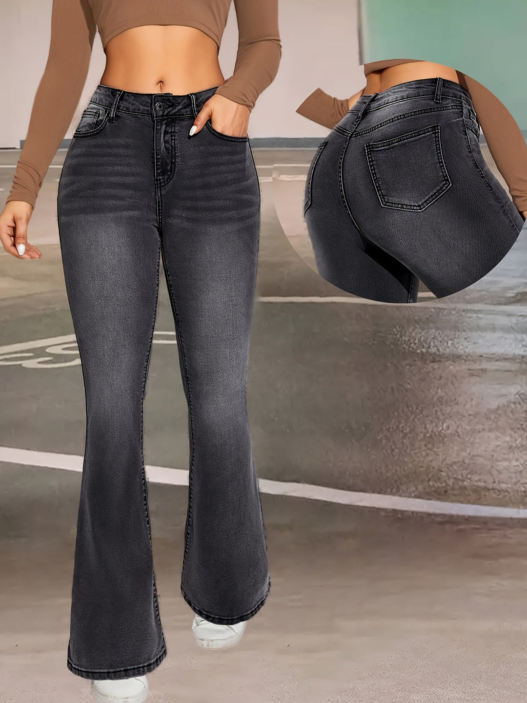 Levoire | Pantalons En Denim Évasés Stretch Noirs Et Gris Élégants Avec Détails De Boutonnage Couleur de la graphite