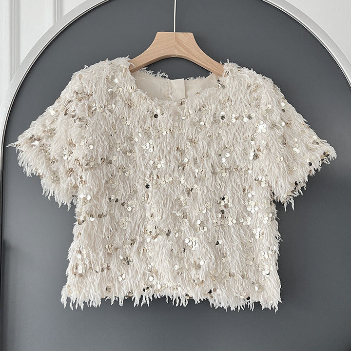 Levoire | T-Shirt Glamour Avec Plumes Et Paillettes Beige