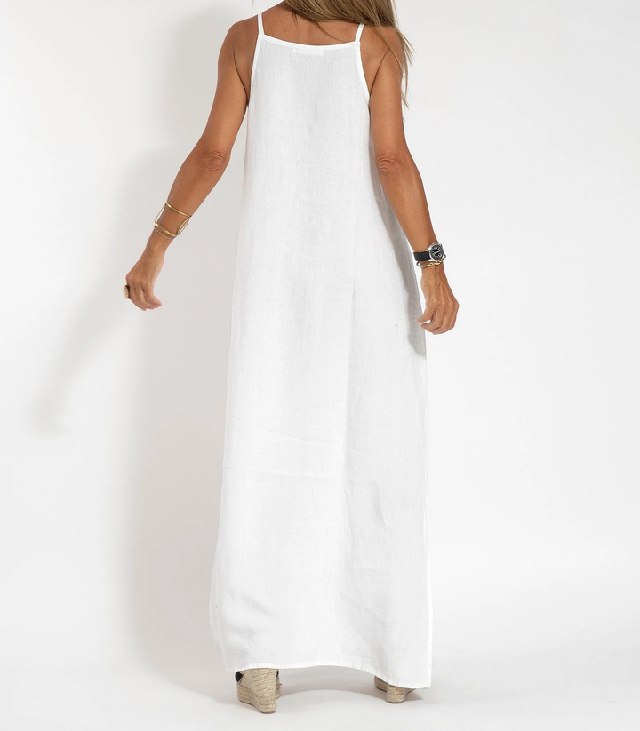Levoire | Élégante Robe Longue Sans Manches en Coton et lin de Couleur Unie Blanc