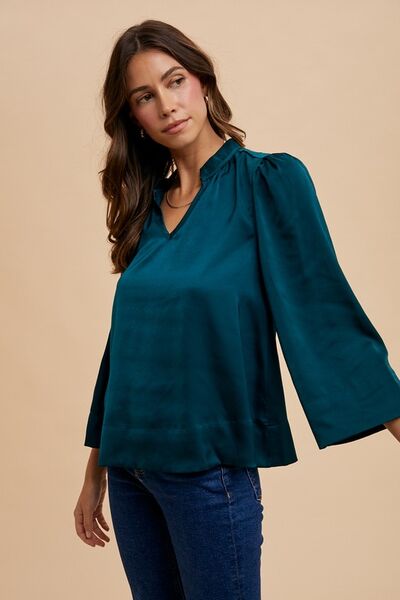 Levoire | Blouse En Satin À Manches Trois-Quarts À Encolure En V Bleu sarclet