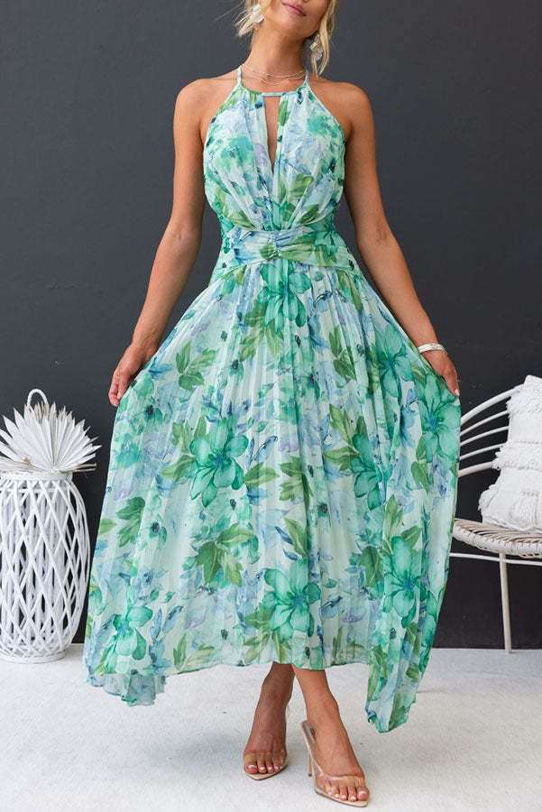 Levoire | Robe mi-longue plissée à encolure découpée et fleurs