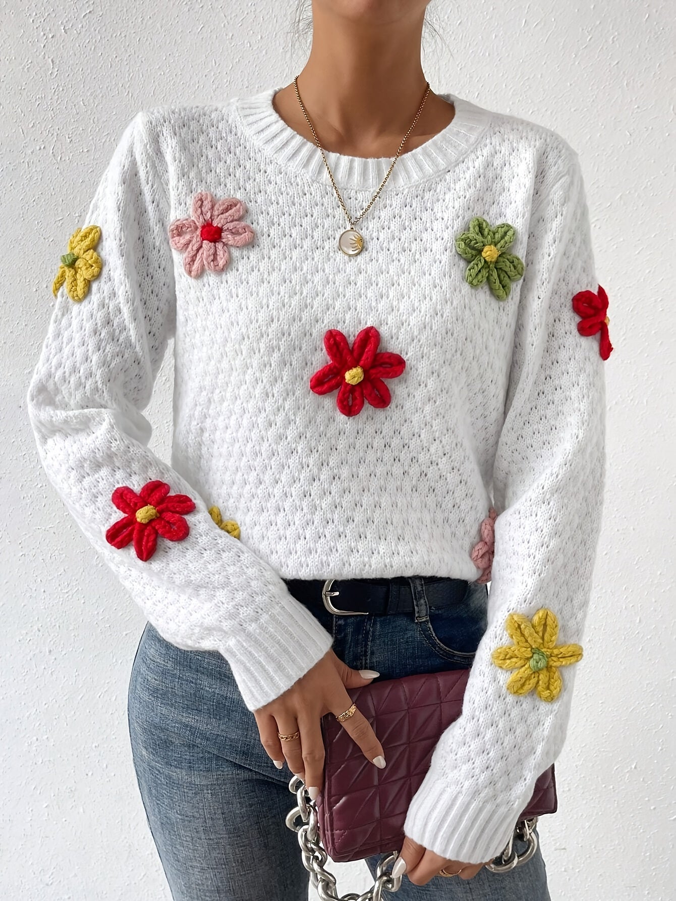 Levoire | Pull En Maille Avec Col Rond Et Motif Floral