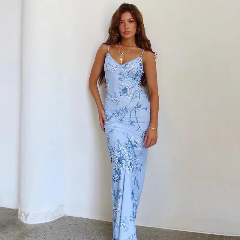 Levoire | Robe Sans Manches À Imprimé Floral En V Bleu